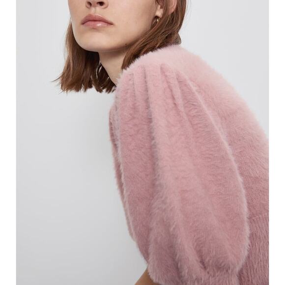 Zara Fuzzy Rose Faux Fur Knit Sweater Puff Sleeve Cropped Pullover Jumper Top - Picture 3 of 9